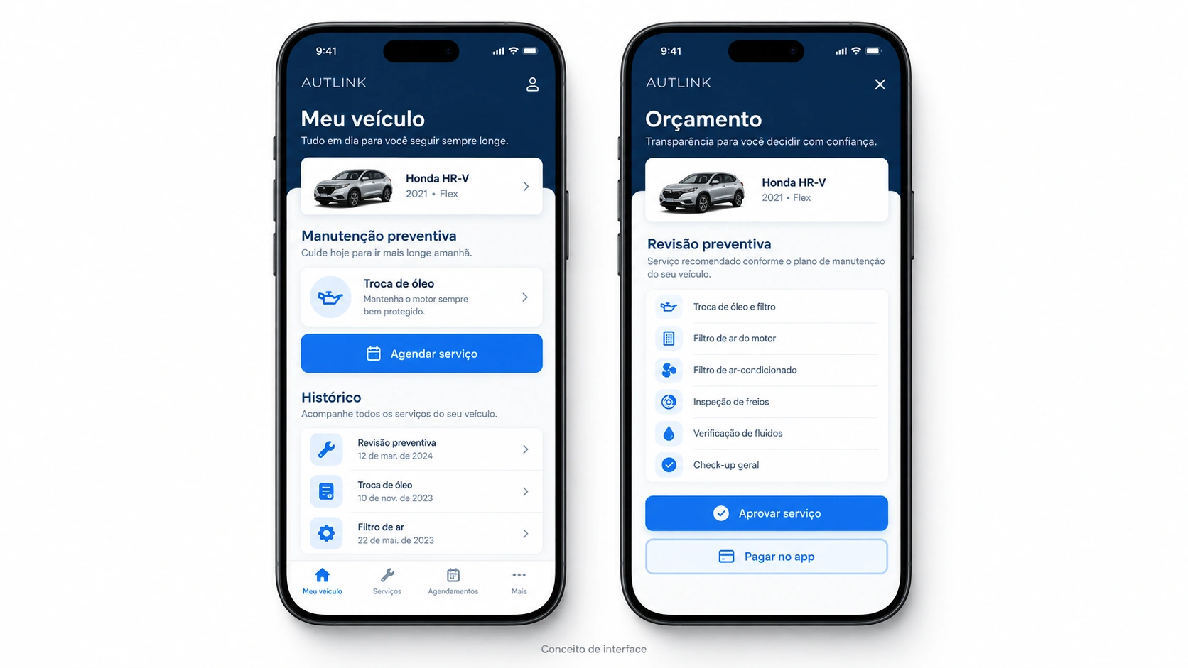 Tela conceitual do aplicativo AUTLINK com Honda HR-V e manutenção preventiva